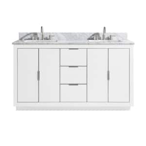 Austen 61 in. W x 22 in. D Bath Vanity in White/Silver Trim with Marble Vanity Top in Carrara White with White Basins