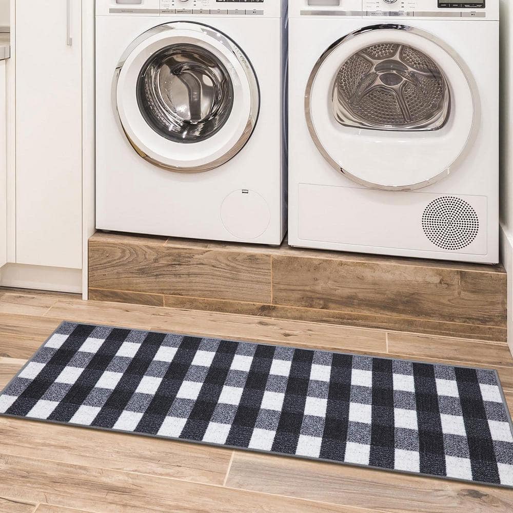 Black and White Checkered Synthetic Runner Rug, 20" x 59"