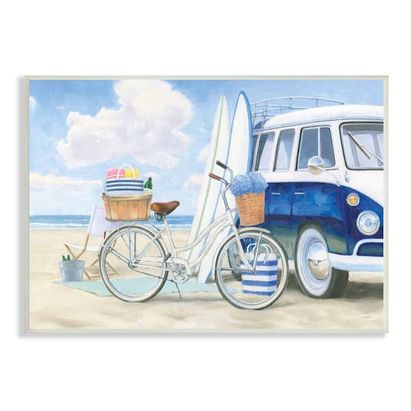 Stupell Industries Bike and Van Beach Nautical Blue White Painting By James Wiens Unframed Print Nature Wall Art 13 in. x 19 in.