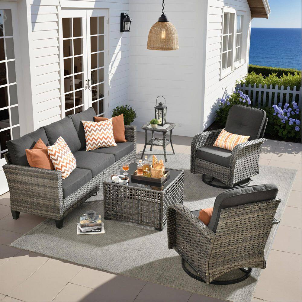 Vista Gray 5-Piece Wicker Outdoor Patio Lounge Chair with Black Cushions, Swivel Rocking Chair and 3-Sofa for Poolside price history on PriceWatchPro