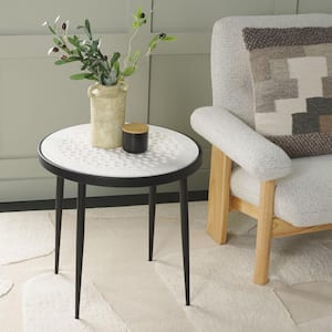Elly 19 in. White/Black Round Faux Marble End Table
