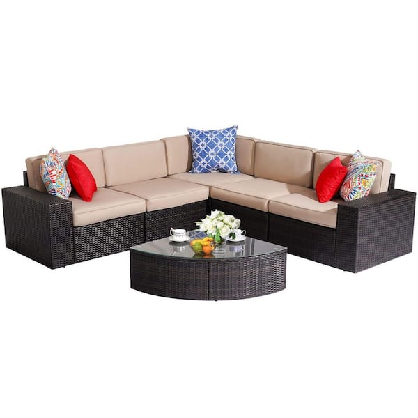 maocao hoom 6-Piece Black Wicker Patio Conversation Set with Beige Cushions