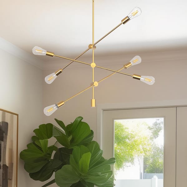 6-Light Gold Sputnik Chandelier, Modern Pendant Lighting Ceiling Light Fixture