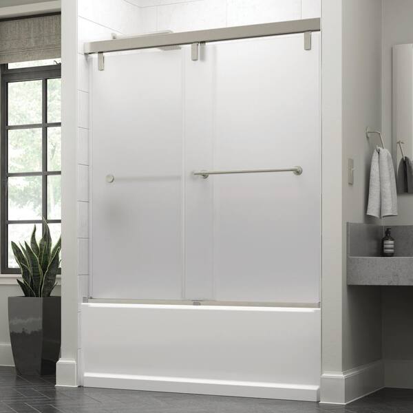 Crestfield 60 in. x 59-1/4 in. Mod Semi-Frameless Sliding Bathtub Door in Nickel and 3/8 in. (10mm) Niebla Glass Crestfield 60 in. x 59-1/4 in. Mod Semi-Frameless Sliding Bathtub Door in Nickel and 3/8 in. (10mm) Niebla Glass