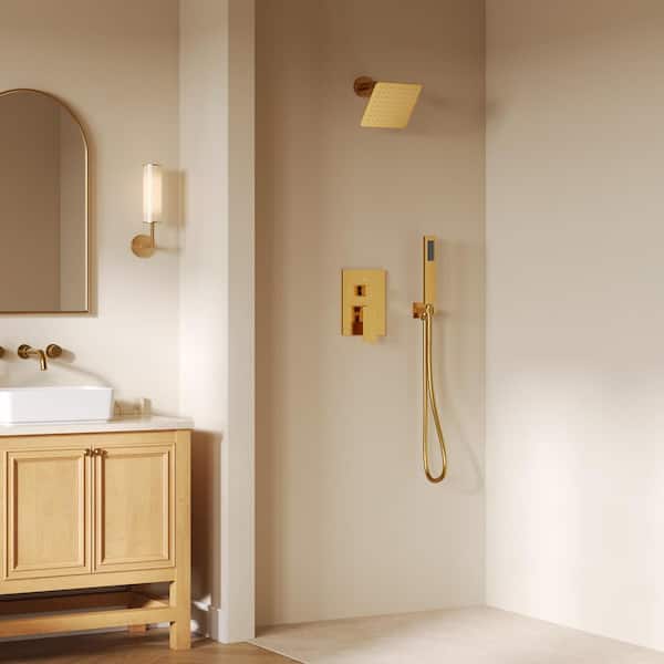 2-Spray 6 in. Wall Mount Dual and Handheld Shower Head 2.5 GPM in Brushed Gold (Valve Included)