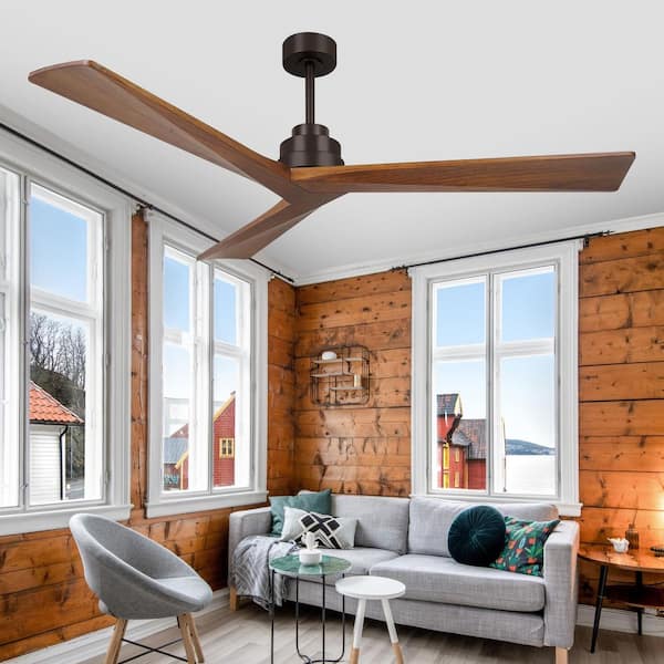 52 in. Black Remote&Wall Control Modern Solid Wood Light Color Blade Downrod Mount Standard Ceiling Fan with 2 Downrods