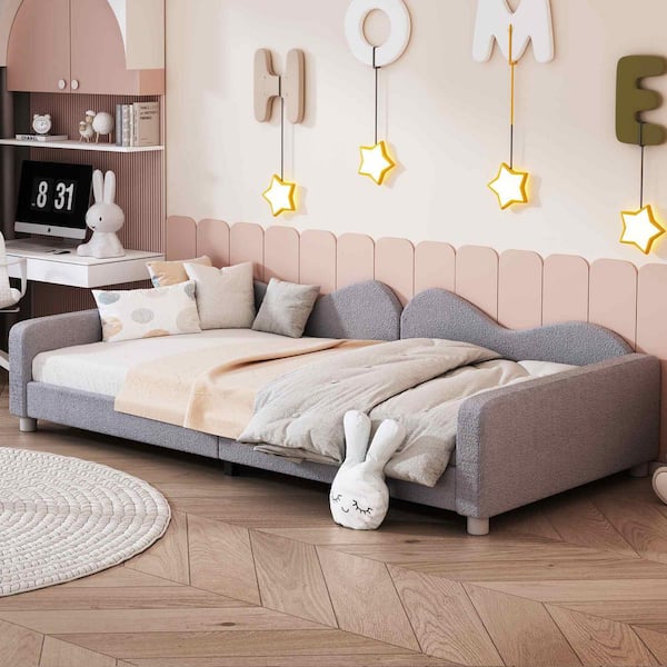Polibi Gray Wood Frame Twin Size Upholstered Platform Bed with Cloud-Shaped Backrest, No Box-spring Needed