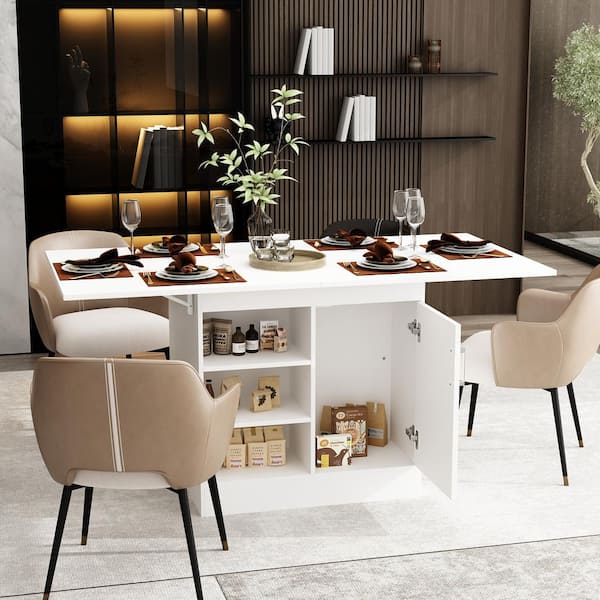 FUFU&GAGA White Wood 63 in. W Kitchen Island Dining Bar Table with Foldable Retractable Tabletop, Door Cabinet, Shelves