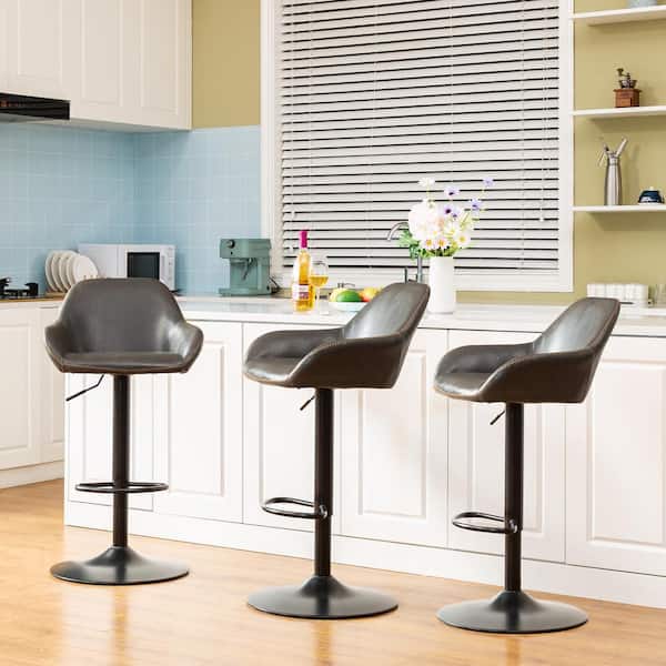 42.5 in. H Mid-Century Modern Gray Leatherette Gaslift Adjustable Swivel Bar Stool with Metal Frame (Set of 3)