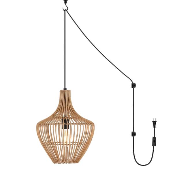 Lucas 13 in. 1-Light Farmhouse Coastal Rattan 180 in. Cord Plug-In or Hardwired LED Pendant, Brown