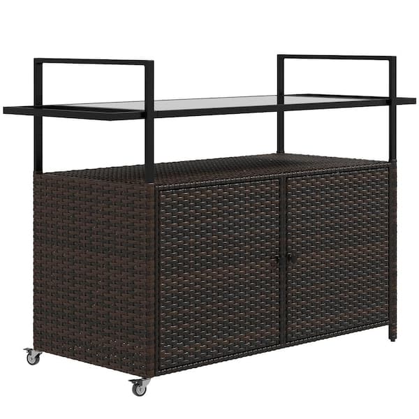 Zeus & Ruta Brown PE Rattan Patio Serving Cart Kitchen Island with Shelf Cabinet Glass Top Handles Towel Racks for Outdoor