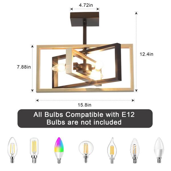 ADSENSTY 15.8 in. 3-Light Black and Gold Farmhouse Rectangle Semi