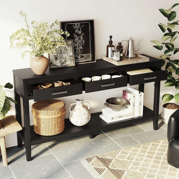 59.1 in. Black Rectangle Wood Console Table with 1-Shelf, Entrance Table for Entryway, Hallway, Living Room