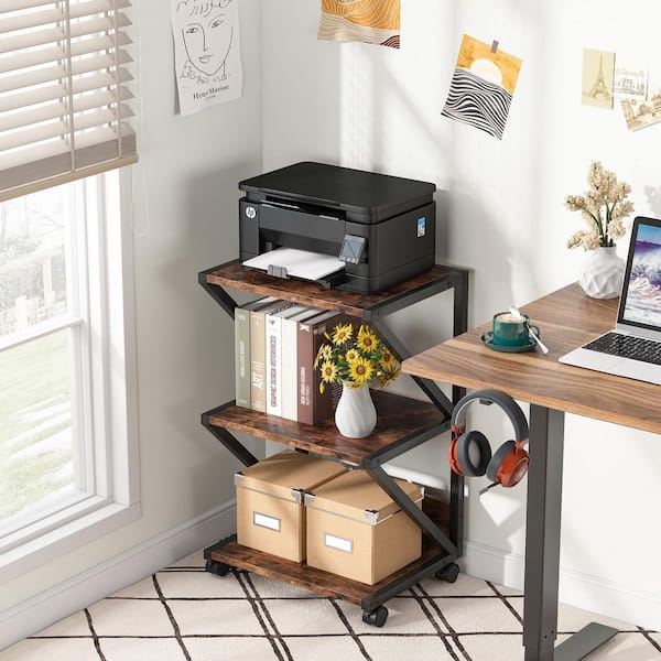 Brown 29.53 in. Accent Cabinet Office Storage Cabinet Printer Stand Machine Cart on Wheels with 3-Storage Open Shelves
