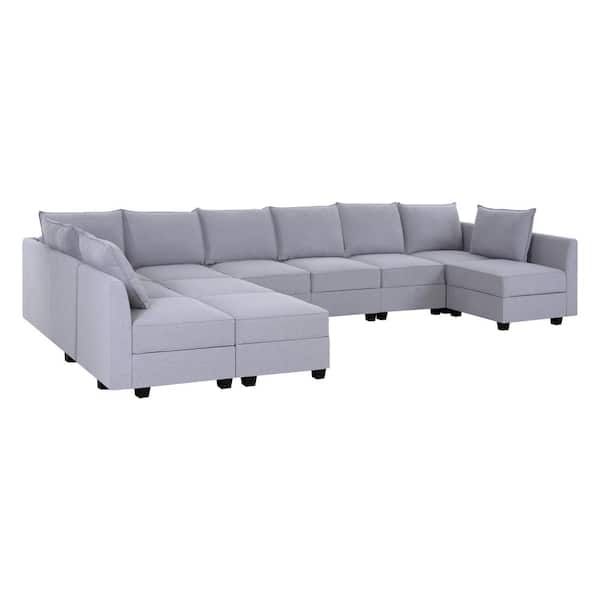 164.38 in 9-piece Linen Upholstered U-Shaped Sectional Sofa in. Gray with Double Ottoman