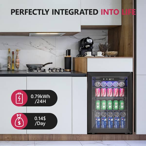 18 in. Single Zone 100-Cans Freestanding/Countertop Refrigerator Beverage Cooler Fridge in Black, with Auto LED