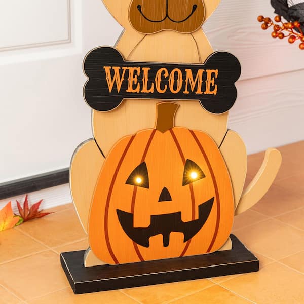 Glitzhome 30 in. H Halloween Wooden Lighted Witch Dog Porch Decor