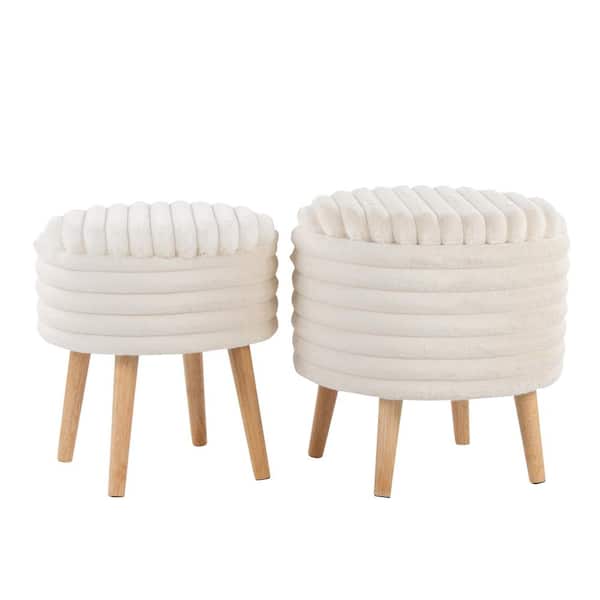 Lumisource Tray Cream Faux Fur and Natural Wood Plush Storage Ottoman Set