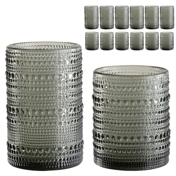 Vintage Embossed Hobnail Glassware Set of 12, 12 oz./15 oz. Glasses Drinking set, Includes 1 Cleaning Brush, Gray