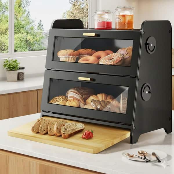 1-Piece Large 2-Tier Bread Storage Box with Bamboo Cutting Board Adjustable Vent Hole Dials Translucent Door Set