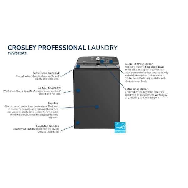 CROSLEY PROFESSIONAL 5.3 cu. ft. Top Load Washer, 10 Wash Cycles, Stainless Tub, Sleek Glass Lid Design, in Black ZWW5310RB