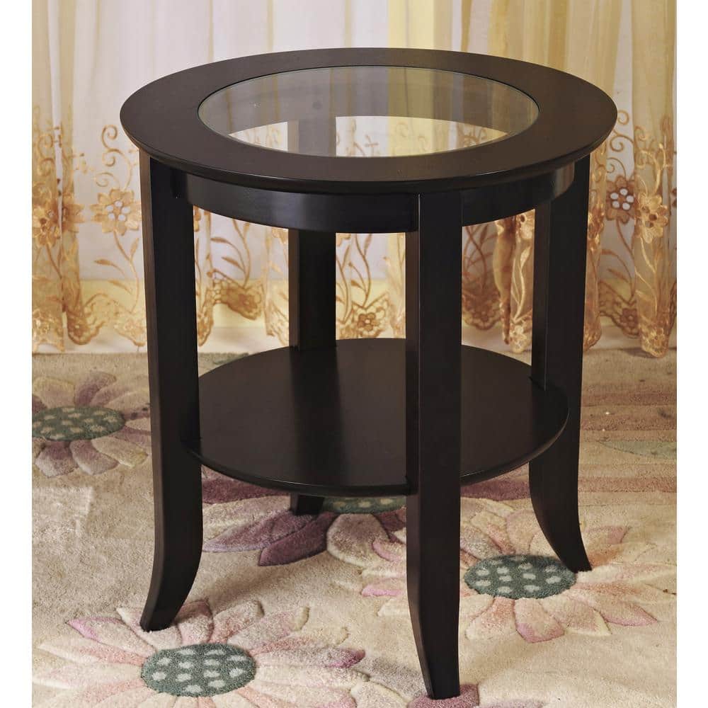 Espresso Round Wood and Glass Side Table with Shelf