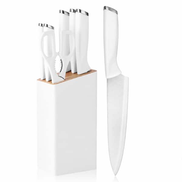 7-Piece Stainless Steel Kitchen Knife Block Set in White with Angled Wooden Block, Chef Gift Set
