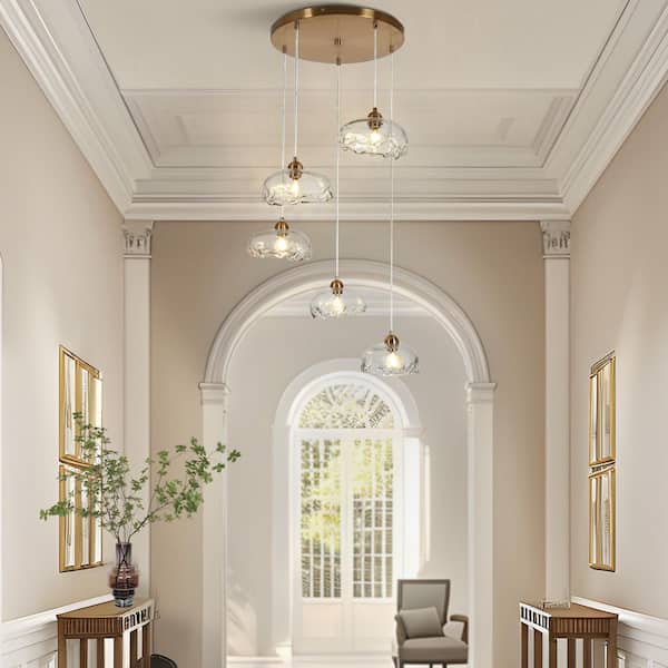 5-Light Plated Brass Island Chandelier with Oval Jellyfish-Inspired Handmade Glass Shades Modern Foyer DIY Pendant Light