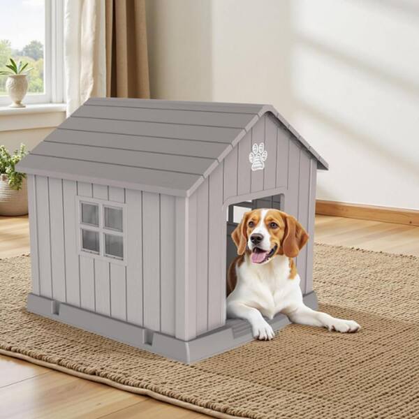 Extra Large Waterproof Plastic Dog House – Elevated Floor – Indoor/Outdoor – Gray