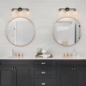 Modern 21 in. 3-Light Black and Brass Bath Vanity Light with Bell Clear Glass Shades Powder Room Sconce, LED Compatible