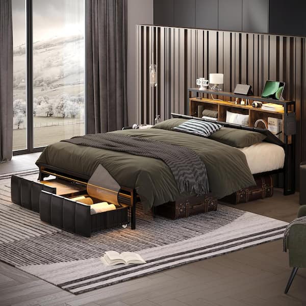 Brown Metal Frame Queen Size Platform Bed with Charge Station and Storage Headboard and Drawers Rustic