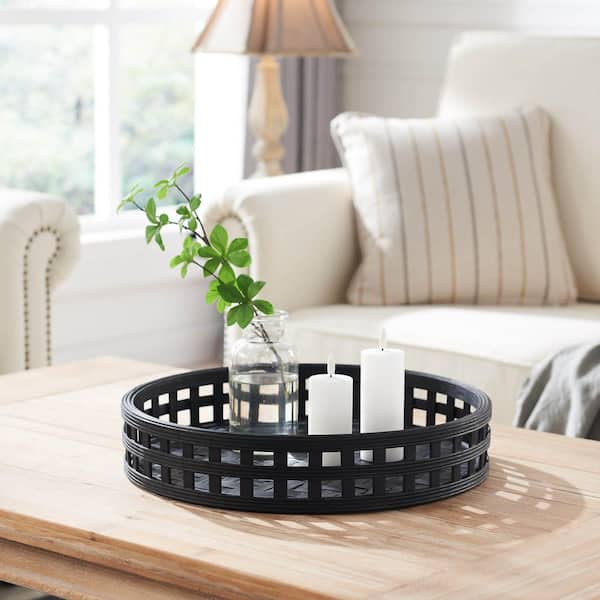 HEMSLY INC Black Basket Weave Round Bamboo Decorative Tray