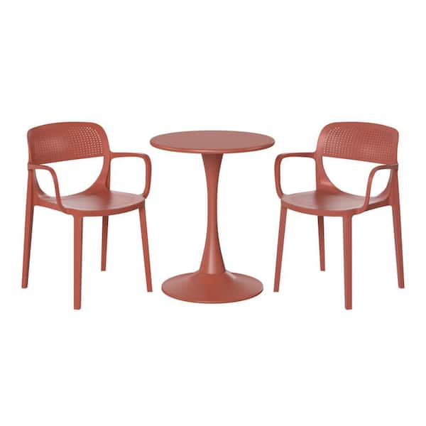 WESTIN OUTDOOR Frond and Form Outdoor Patio Modern 3-Piece Round HDPE Plastic Bistro Dining Set with Stackable Chairs, Red