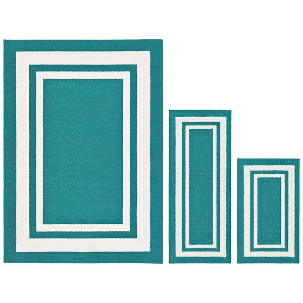 Garland Rug Borderline Teal/White 5 ft. x 7 ft. Border 3-Piece Indoor/Outdoor Rug Set