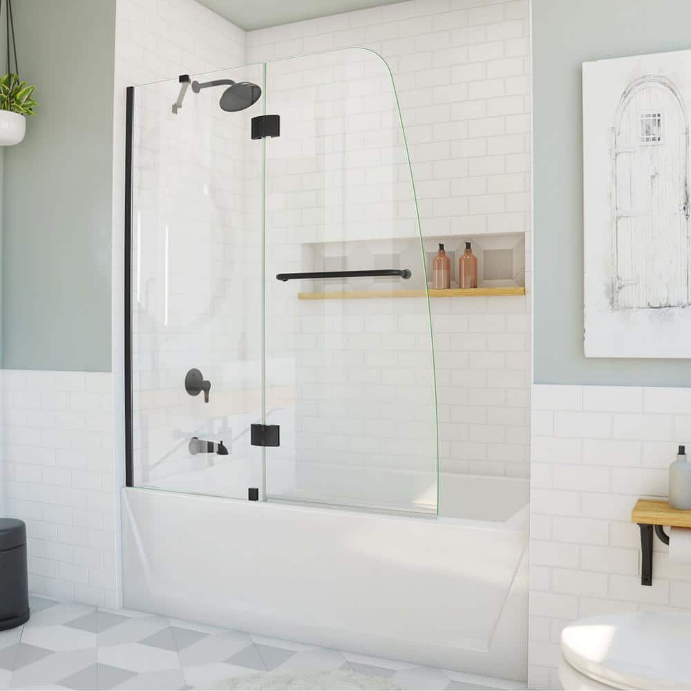 Aqua 48" Matte Black Frameless Hinged Tub Door with Clear Glass