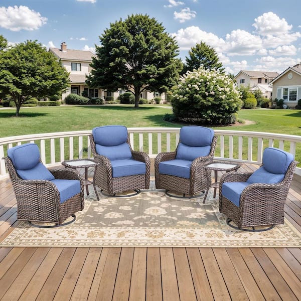 moosprr MoonLuxe Brown Swivel Glider Wicker Patio Conversation Set with Blue Olefin 6 in. Thick Cushions/Side Table (6-Piece)