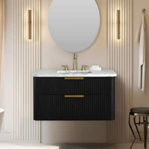 Warren 36 in. W Floating Bath Vanity in Black Oak, Engineered Stone Top in Arabescato and White Sink