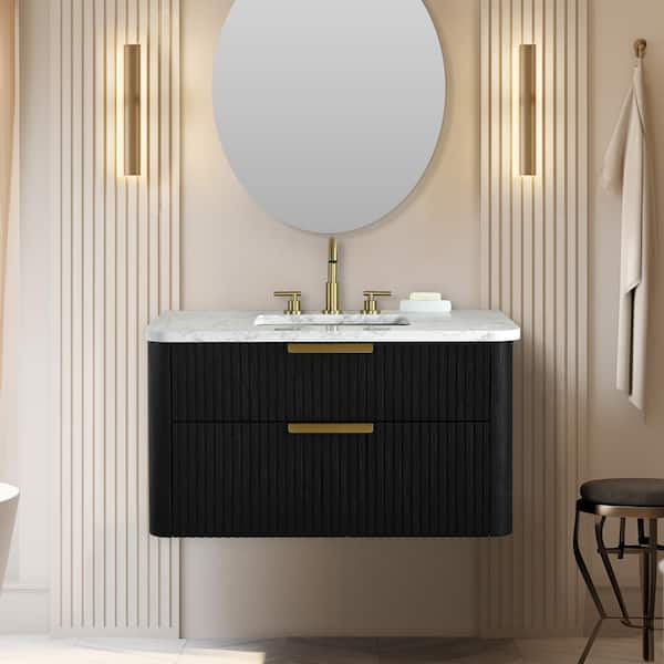 SUDIO Warren 36 in. W Floating Bath Vanity in Black Oak, Engineered Stone Top in Arabescato and White Sink