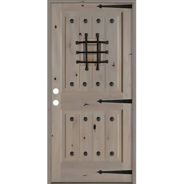 Krosswood Doors 42 in. x 80 in. Mediterranean Knotty Alder Right-Hand/Inswing Glass Speakeasy Grey Stain Solid Wood Prehung Front Door