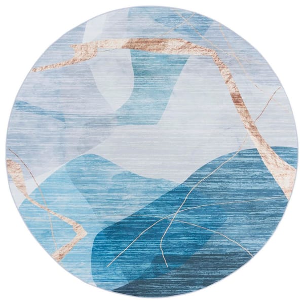Malibu Blue/Gold 6 ft. x 6 ft. Machine Washable Abstract Modern Round Area Rug