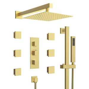 3-Spray Patterns Thermostatic 12 in. Wall Mount Rain Dual Shower Heads with 6-Jet in Brushed Gold (Valve Included)