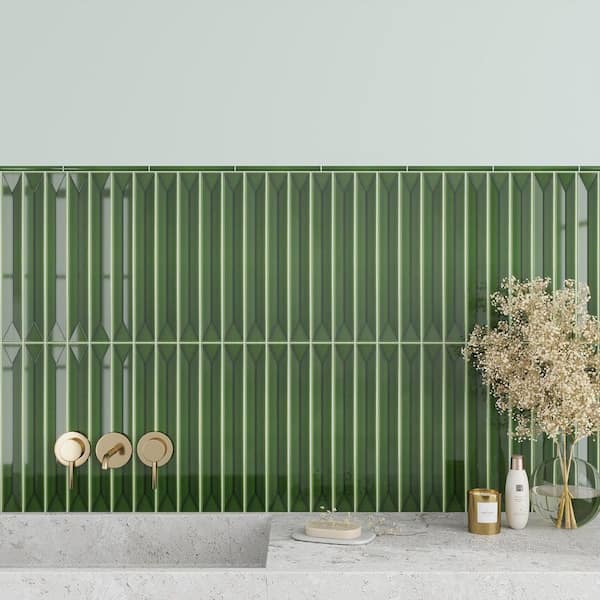 Horizonte 0.5 in. x 8 in. Glossy Forest Green Ceramic Pencil Trim Wall Tile Sample