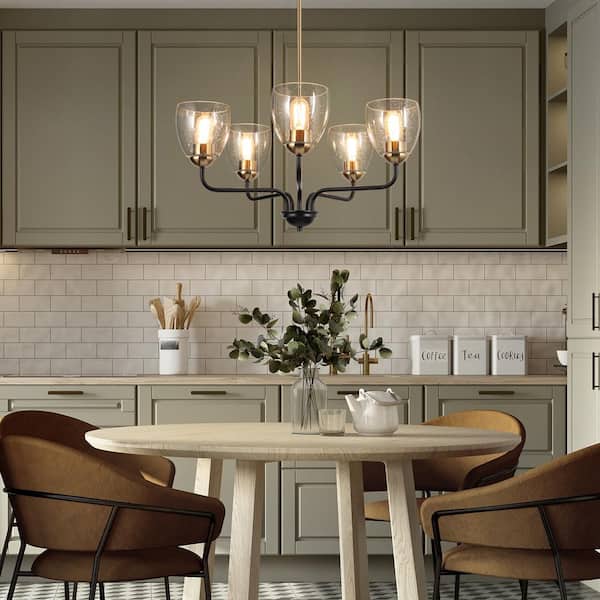 24.5 in. 5-Light Modern Black and Brass Pendant Light, Rustic Dining Room Chandelier, Seeded Glass Round Chandelier