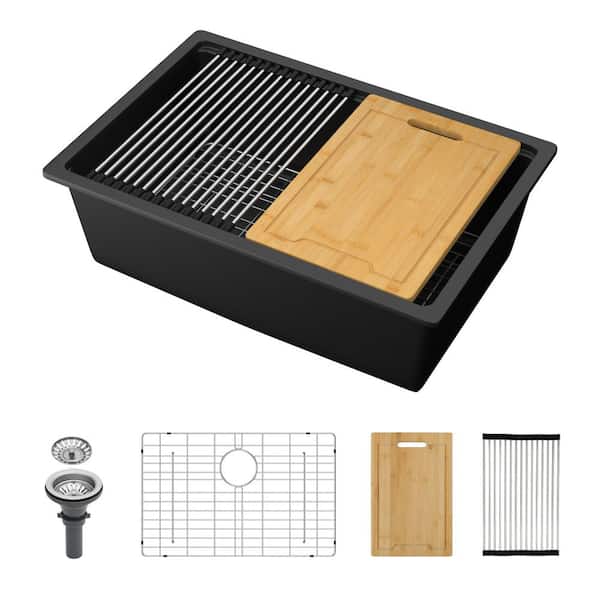 28 in. Undermount Single Bowl Black Quartz Workstation Kitchen Sink with Bottom Grids