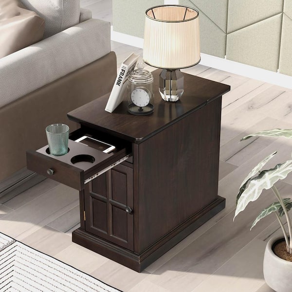 Store Solid Wood End Table with Storage Espresso Brown