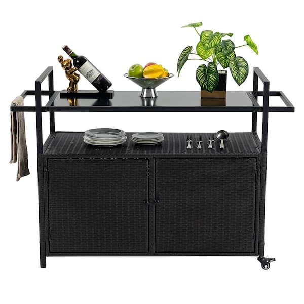 Wicker Outdoor Bar Cart, Patio Wine Serving Cart Bar with Wheels Rolling Beverage Bar Counter Table with Glass Top Black