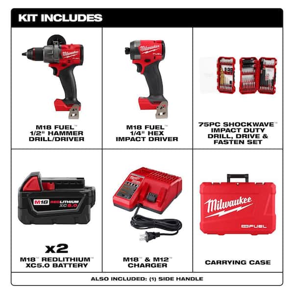 M18 FUEL 18V Brushless Hammer Drill/Impact 2-Tool Kit  2 Batteries with SHOCKWAVE 75-Pc Bit Set