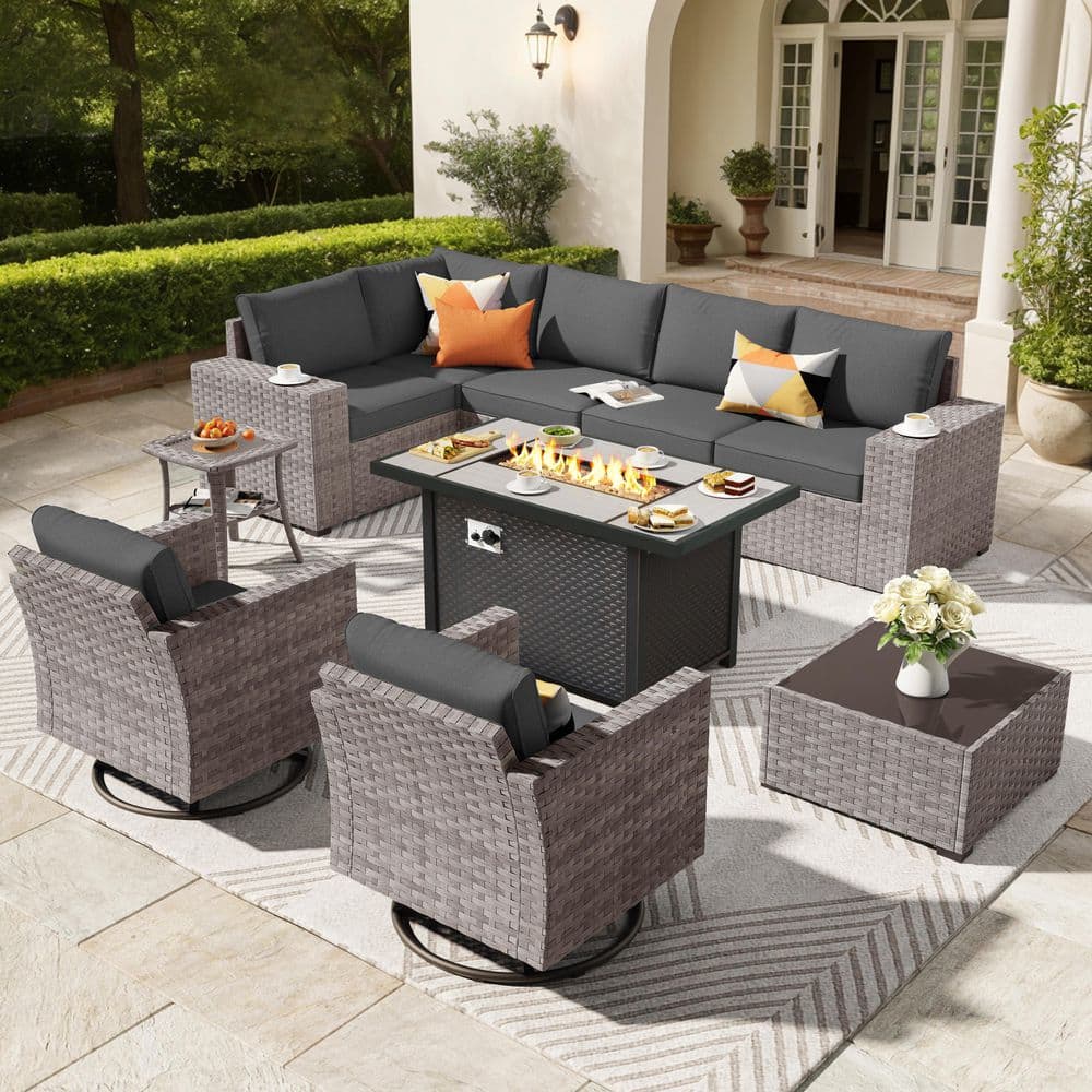 Beatrice 10-Piece Wicker Patio Rectangular Fire Pit Set with Black Cushions and Swivel Rocking Chairs price history on PriceWatchPro