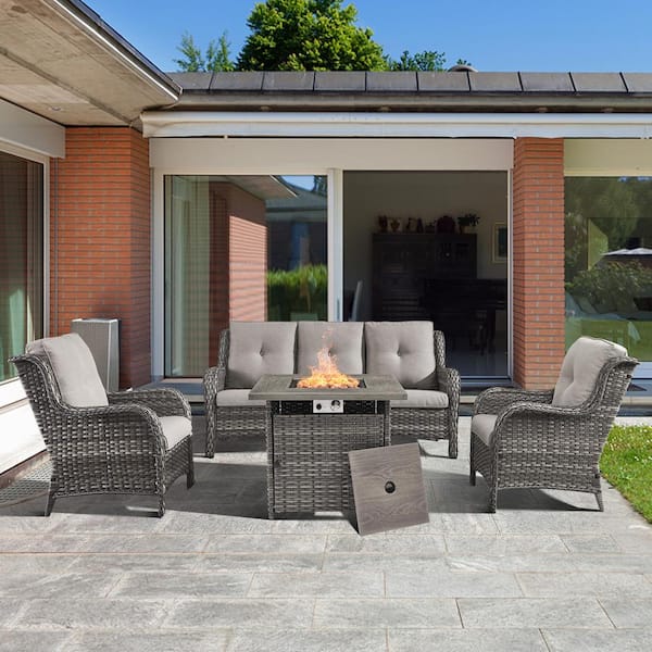 Pocassy 4-Piece Fire Pit Table Patio Sets Wicker Patio Conversation Set with Lounge Chair Gray Cushions