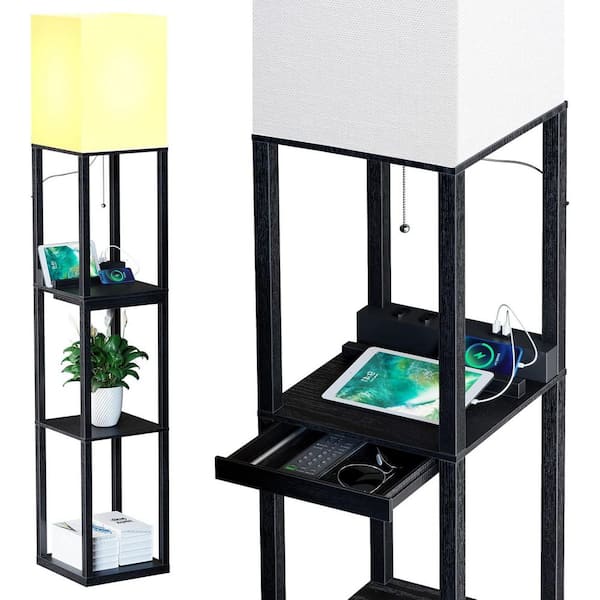 63 in. Black Floor Lamp with Shelves, Modern Wood Column Floor Lamp with 1 Drawer and 2 USB Ports & 2 Power Outlet